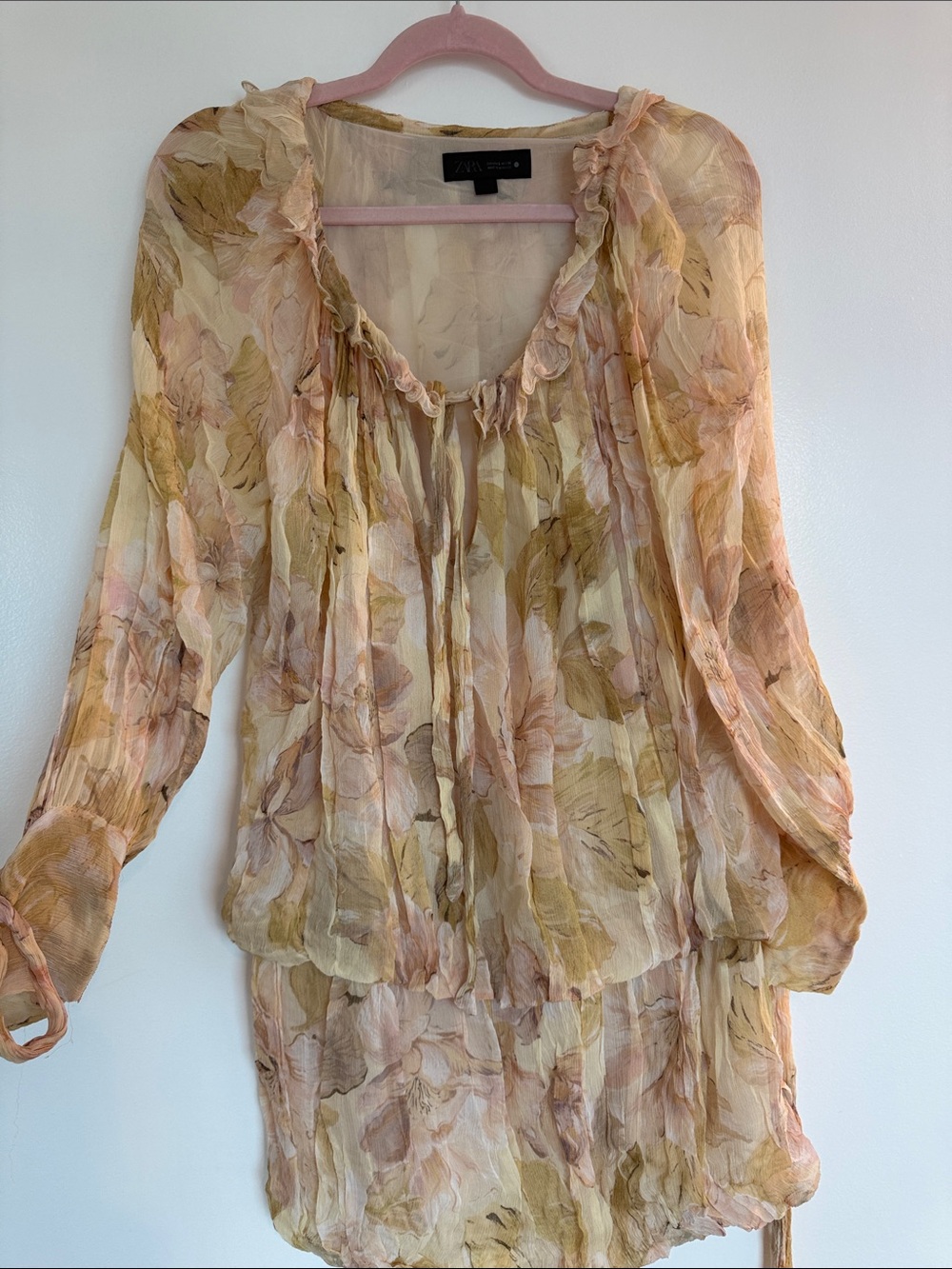 Zara blush pink and beige floral sheer tunic